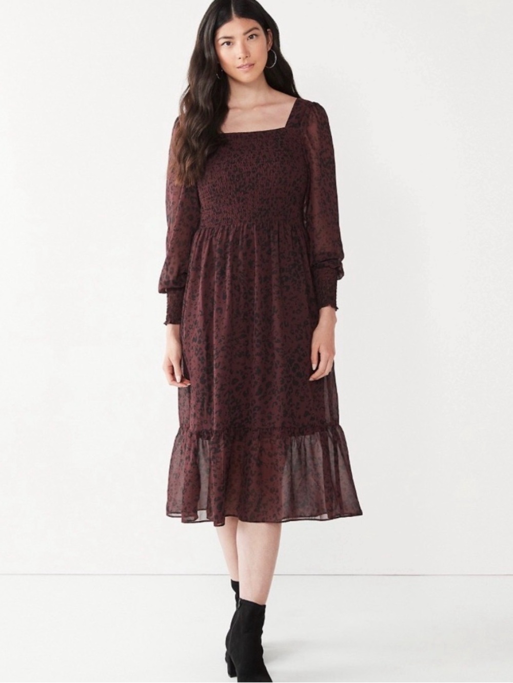 Nine West Square Neck Smocked Midi Dress in Leopard